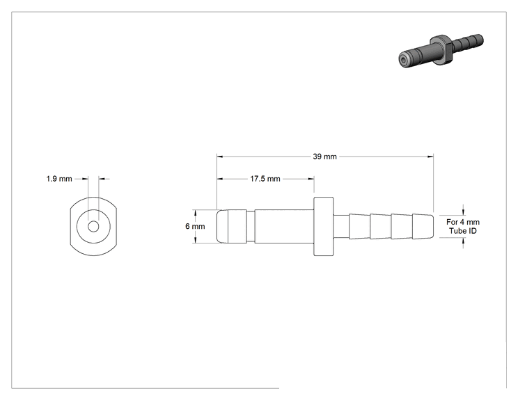 Teknik Çizim - Bas-Bağlantı Elemanı, Adaptör, 6 mm Mil Dış Çapı, 4 mm Boru İç Çapı için Tırnaklı Uç