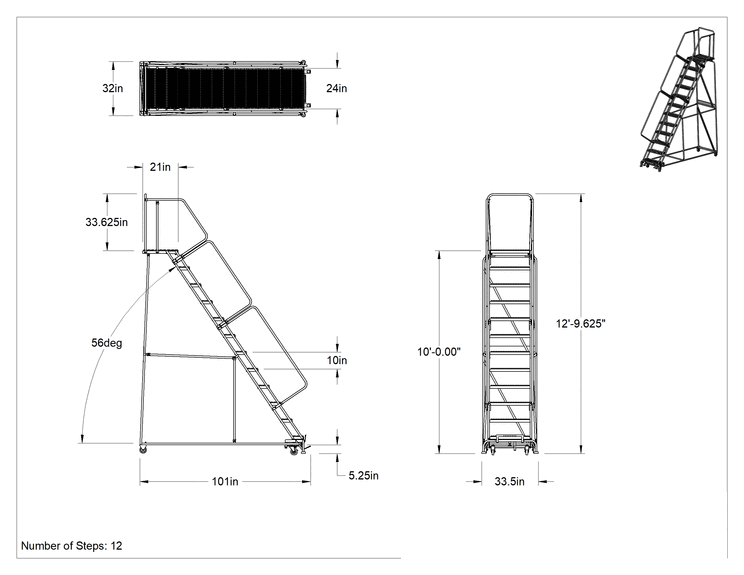 Teknik Çizim - Montajlanmamış Tırtıklı Platformlu Tekerlekli Merdiven, 12 basamaklı, 10' Yükseklik x 21" Derinlik Platform, 12'9" Toplam Yükseklik
