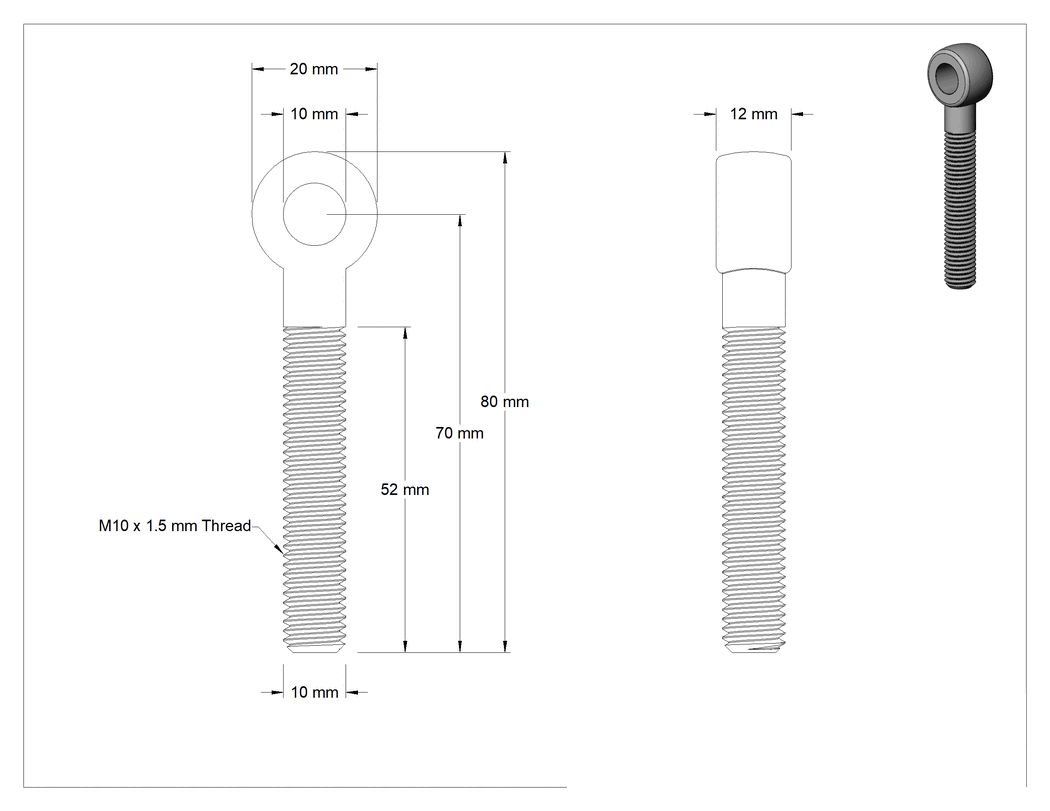 Teknik Çizim - Tam Gijon Ucu Cıvatası, Sağ Yönlü M10 x 1.5 mm Şaft, 70 mm Şaft Merkez Uzunluğu