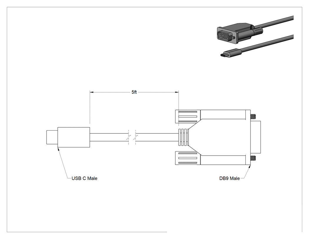 Teknik Çizim - USB Adaptörü, USB C Fişi x DB9 Fişi, 5 Fit Uzunlukta Kablo
