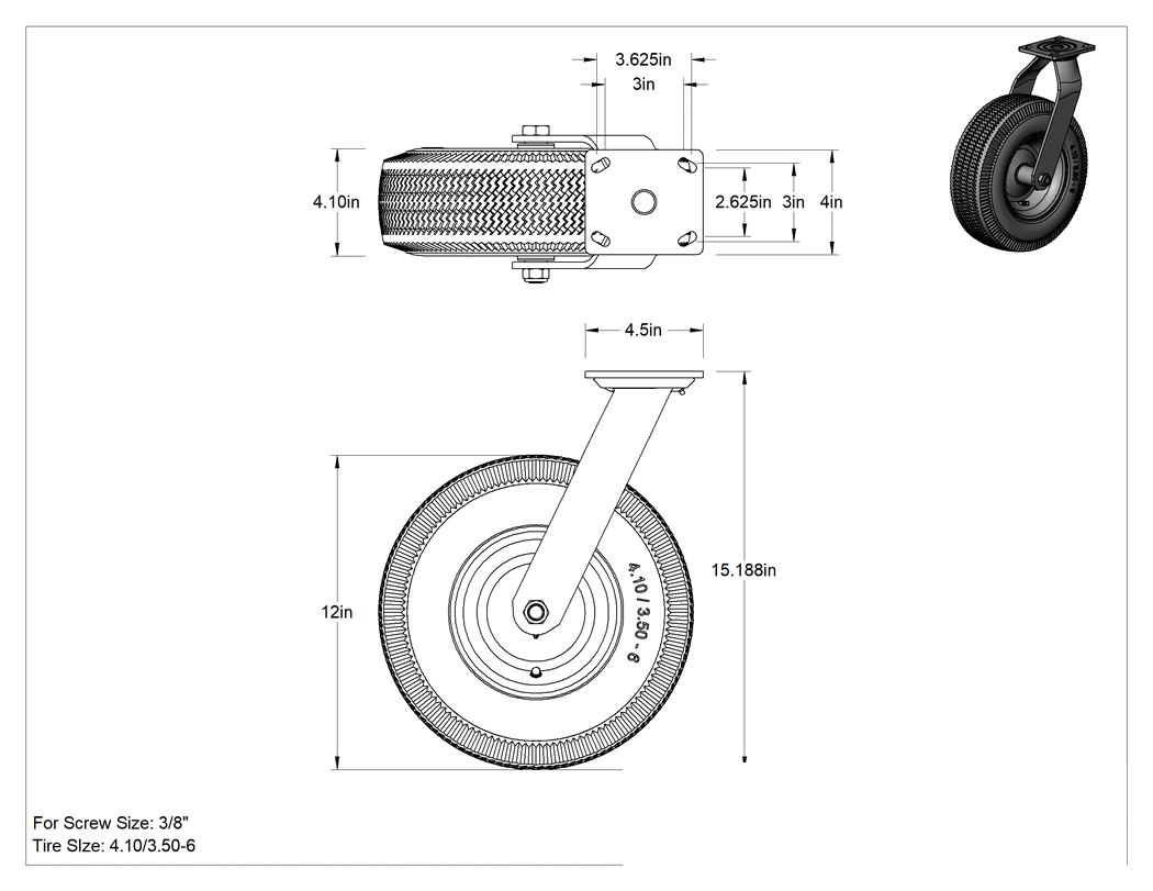Teknik Çizim - 4-1/2" x 4" Plakalı Tekerlek, Döner, 12" Çapında Siyah Kauçuk Pnömatik Tekerlekli