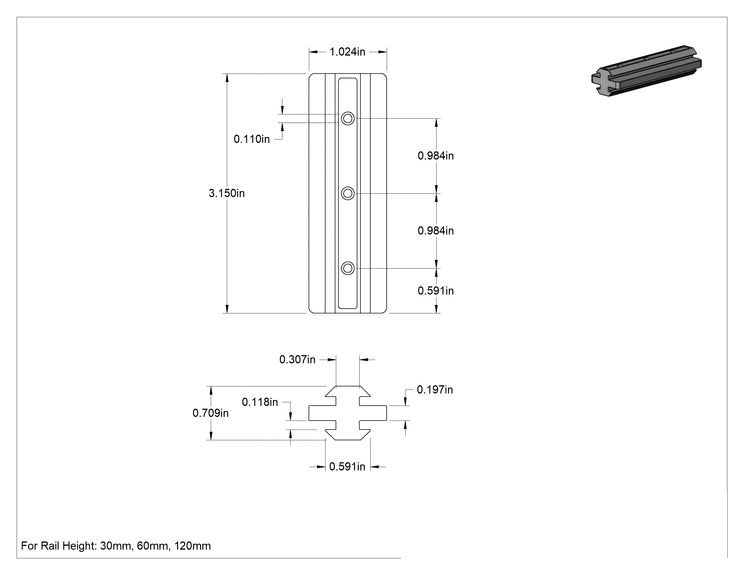 Teknik Çizim - T-Yuvalı Çerçeve Rayı Kaydırma Parçası, T x T, 30 mm yüksekliğinde tek ray için