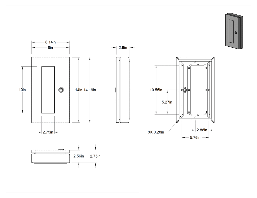 Teknik Çizim - Muhafazalar için Şeffaf HMI Kapağı, Yivli Mandal Kapatma, 316 Paslanmaz Çelik, 14-3/16" Yükseklik x 8-1/8" Genişlik