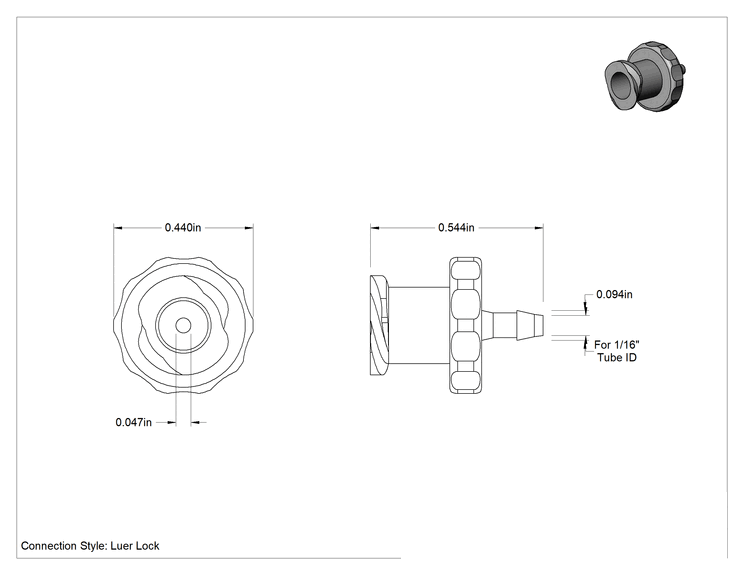 Teknik Çizim - Hava ve Su için Plastik Luer Lock Tüp Bağlantısı, Naylon Soketler, 1/16" İç Çap için Tırnaklı, Beyaz, 40 PSI Maksimum