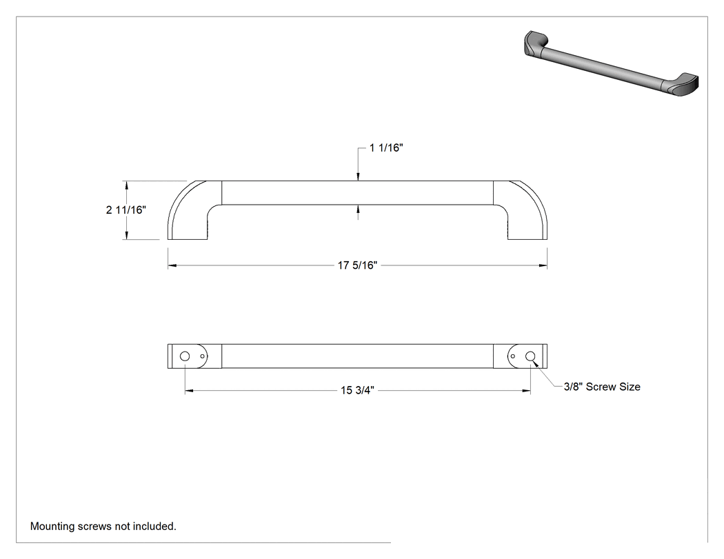 Teknik Çizim - Dişsiz Delik Montajlı Yuvarlak Çekme Kolu, 15-3/4" Merkezden Merkeze Genişlik, Siyah Yan Kapak