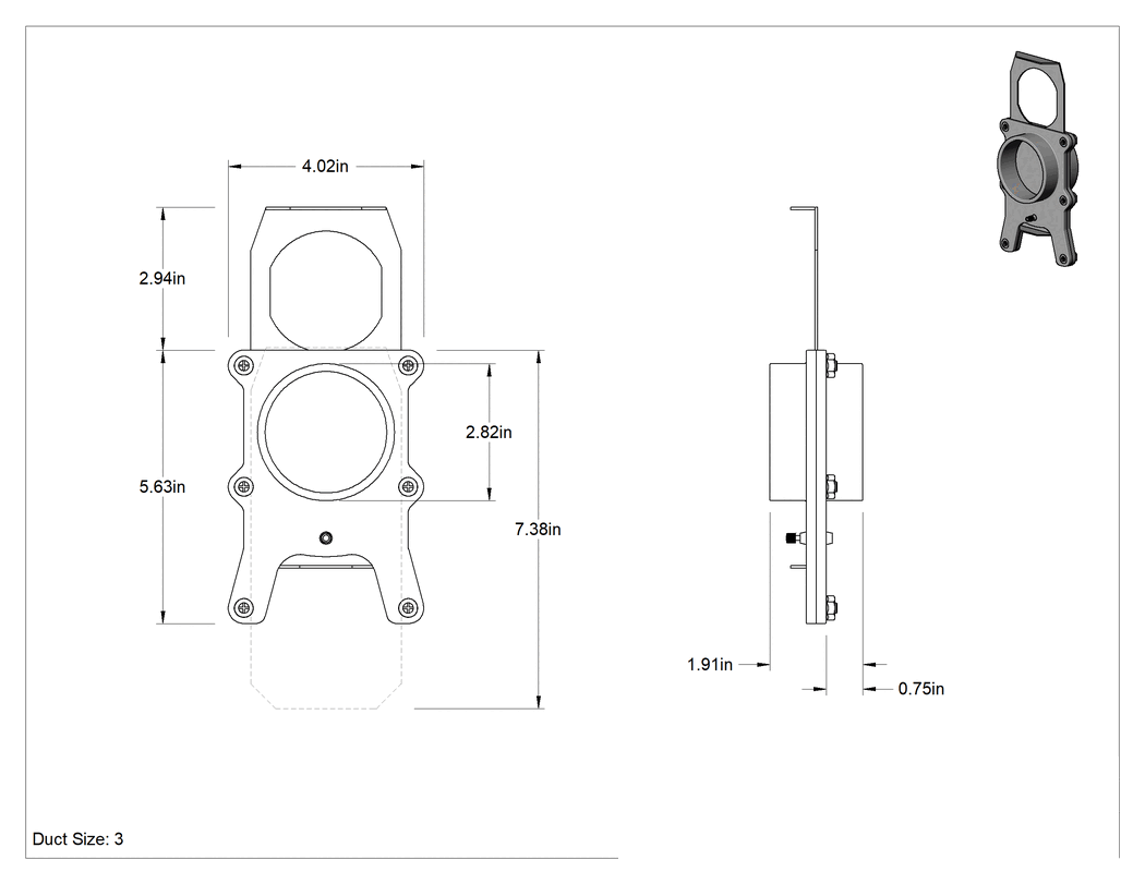 Teknik Çizim - 304 Paslanmaz Çelik Sürgülü Alüminyum Patlama Kapısı, Kendi Kendini Temizleyen, Kanal Boyutu 3, 2-13/16" Erkek Dış Çap