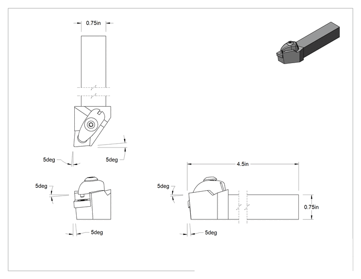 Teknik Çizim - Döner Karbür Uç Tutucu, Dcln, Sol Yönlü, 1/2" iç çaplı daire çapı için, 3/4" Şaft Genişliği