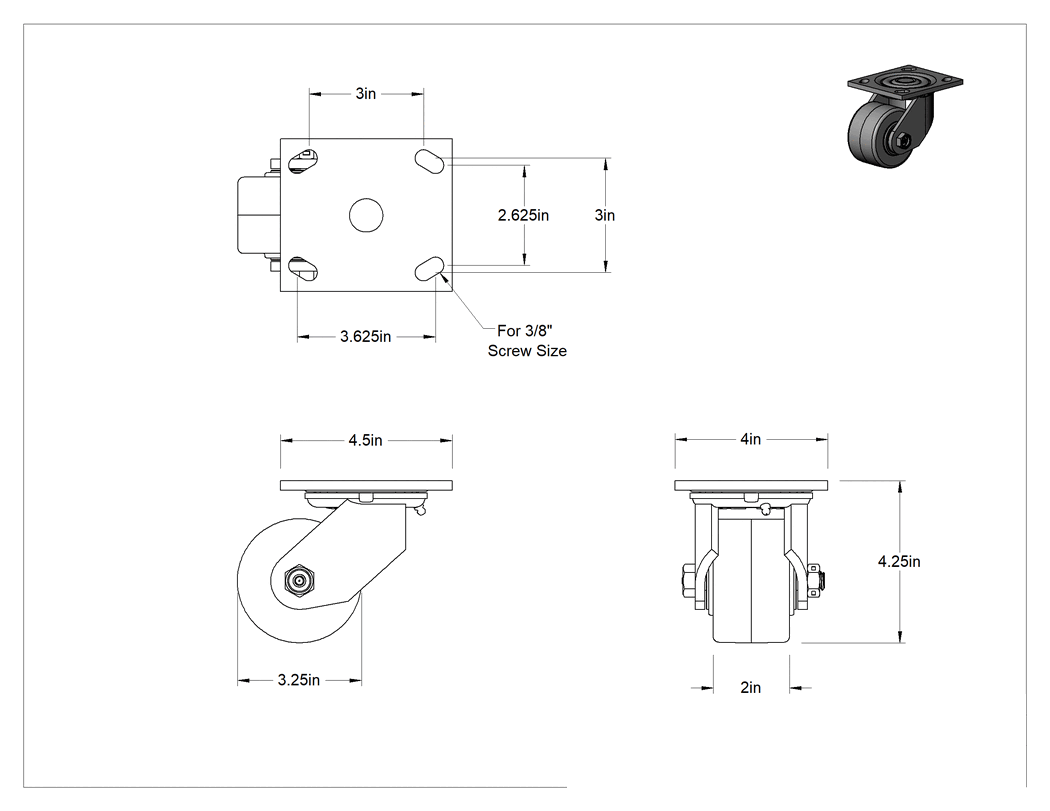 Teknik Çizim - 4-1/2" x 4" Plakalı Yüksek Kapasiteli Spartan Tekerlek, 3-1/4 inç Çapında Açık Rulmanlı Fenolik Tekerlekli Döner Ayak