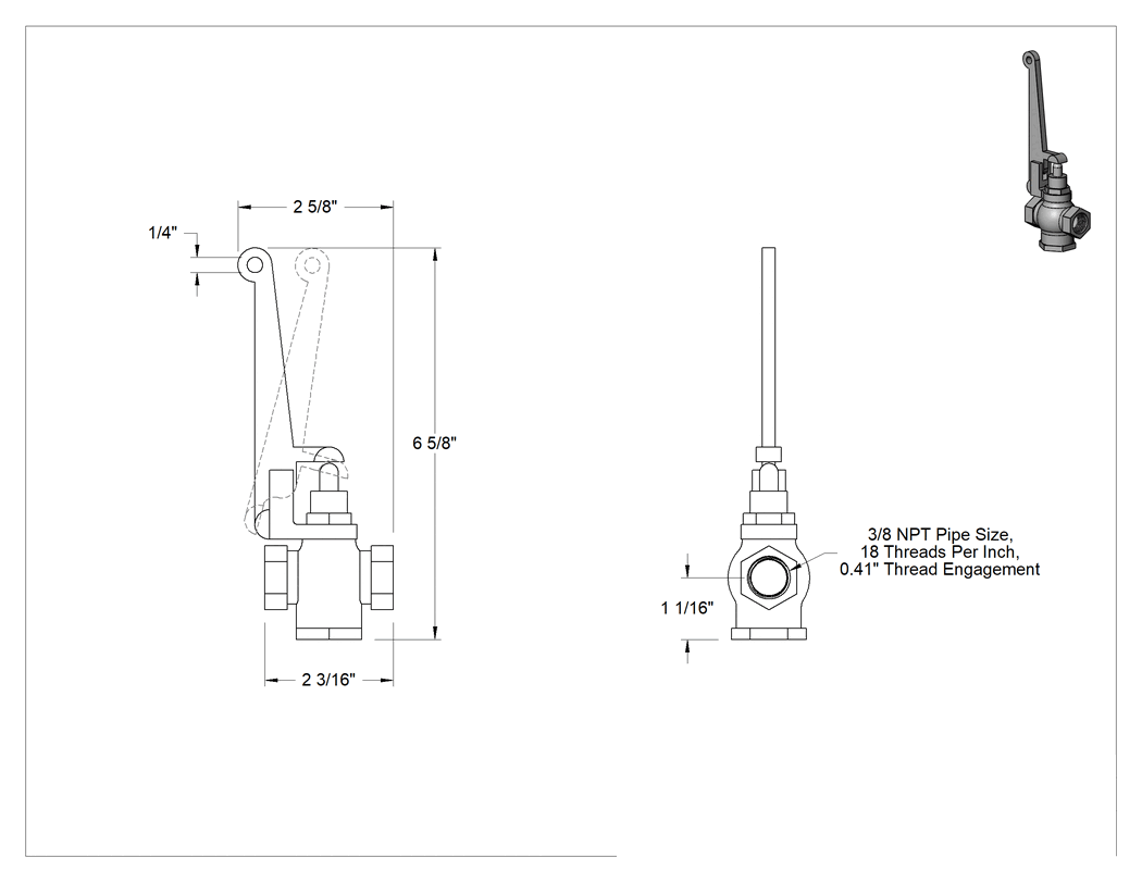 Teknik Çizim - Pirinç Çıtçıtlı Akış Ayar Valfi, Çekme Kolu, 150 PSI Maksimum Basınç, 3/8 NPT Dişi