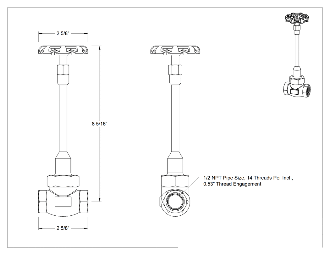 Teknik Çizim - Kriyojenik Sıvı için Akış Ayar Vanası, Bronz Gövde, 1/2 NPT Dişi