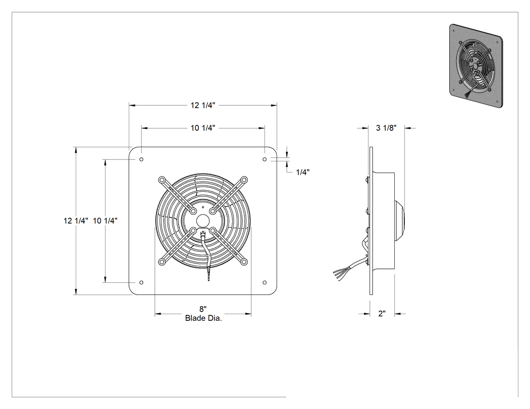 Teknik Çizim - Toz Dayanıklı Doğrudan Tahrikli Duvar Tipi Egzoz Fanları, 8" Çaplı Bıçaklı, 120V AC, 520 CFM Hava Akışı