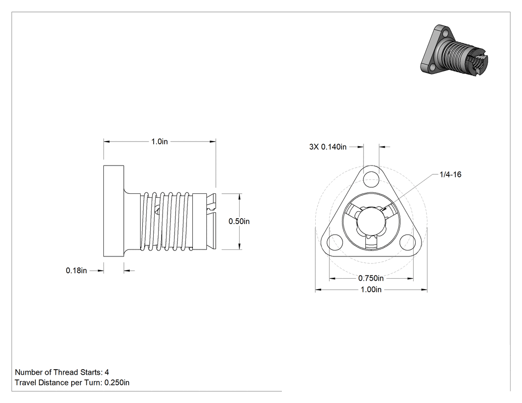 Teknik Çizim - Hızlı Hareketli Ultra Hassas Kılavuz Vida için Yaylı 1/4"-16 Dişli Somun