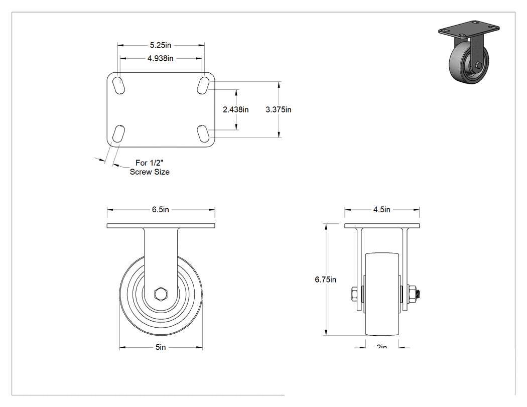Teknik Çizim - 6-1/2" x 4-1/2" Plakalı Yüksek Kapasiteli Kingston Tekerlek, 5" Çapında Mavi Poliüretan Tekerlekli Sert