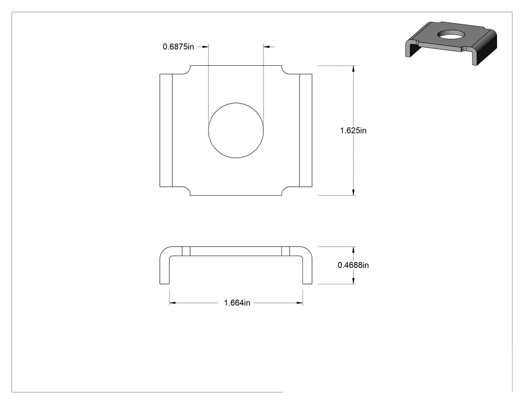 Teknik Çizim - Üstten Oturmalı Dikme Kanalı Pul, 5/8" Çaplı Çubuk için, Çinko Kaplı Çelik