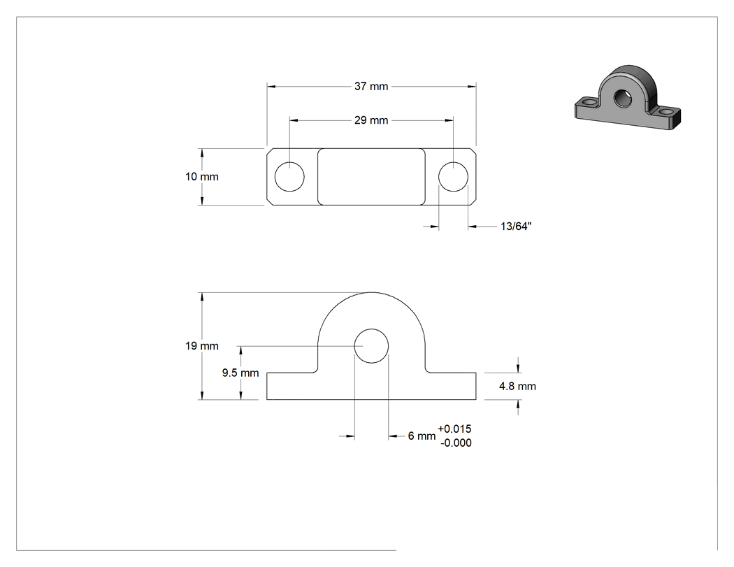 Teknik Çizim - Taban Montajlı Hazır Montajlı Rulman Muhafazası, 10 mm Genişlik x 6 mm Dış Çaplı Rulman, 9.5 mm Merkez Yüksekliği