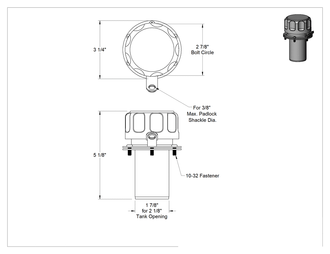 Teknik Çizim - Kapaklı Kilitlenebilir Havalandırma Deliği, Çelik Gövde, 2-1/8" Açıklık Çapı için, 5-1/8" Yükseklik, 10 Mikron