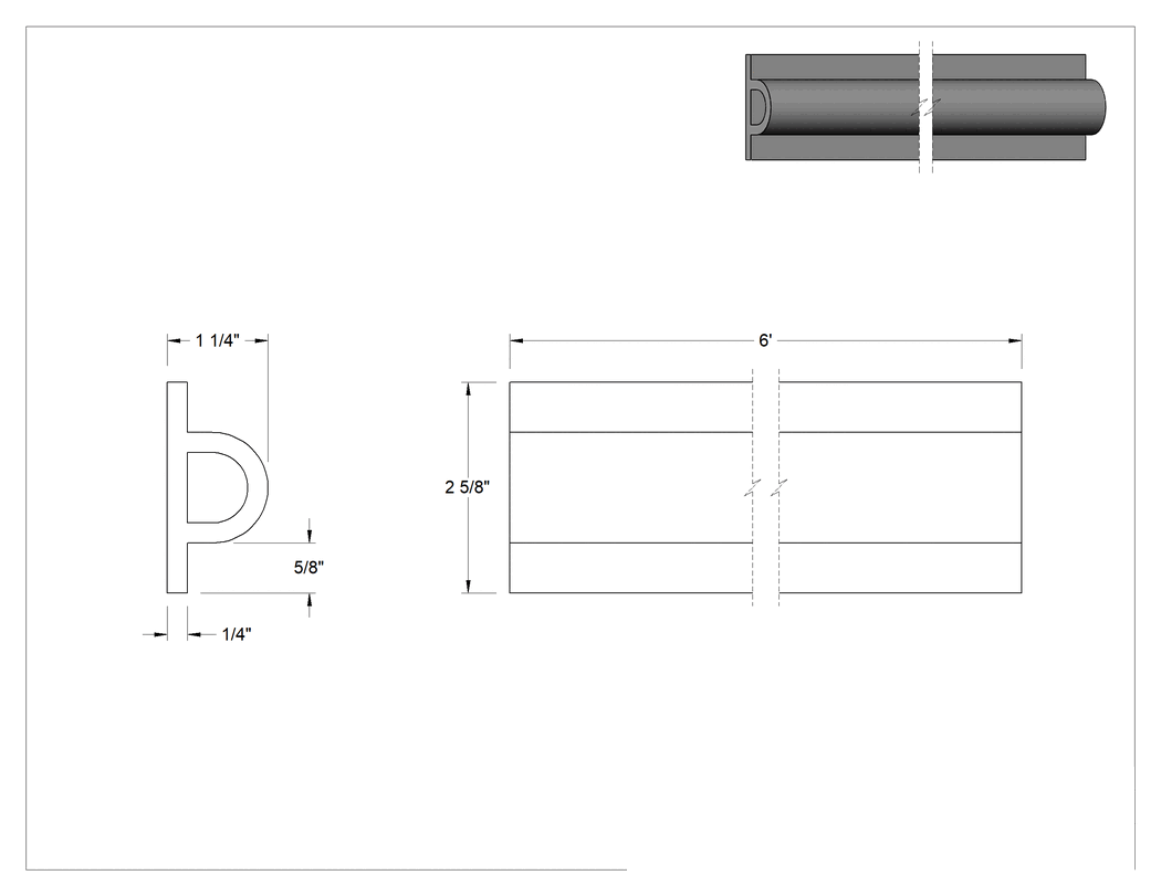 Teknik Çizim - Kabarık Profilli Yüzey Koruyucu, Siyah EPDM, 6 Fit Uzunluk, 2-5/8" Genişlik, 1-1/4" Kalınlık