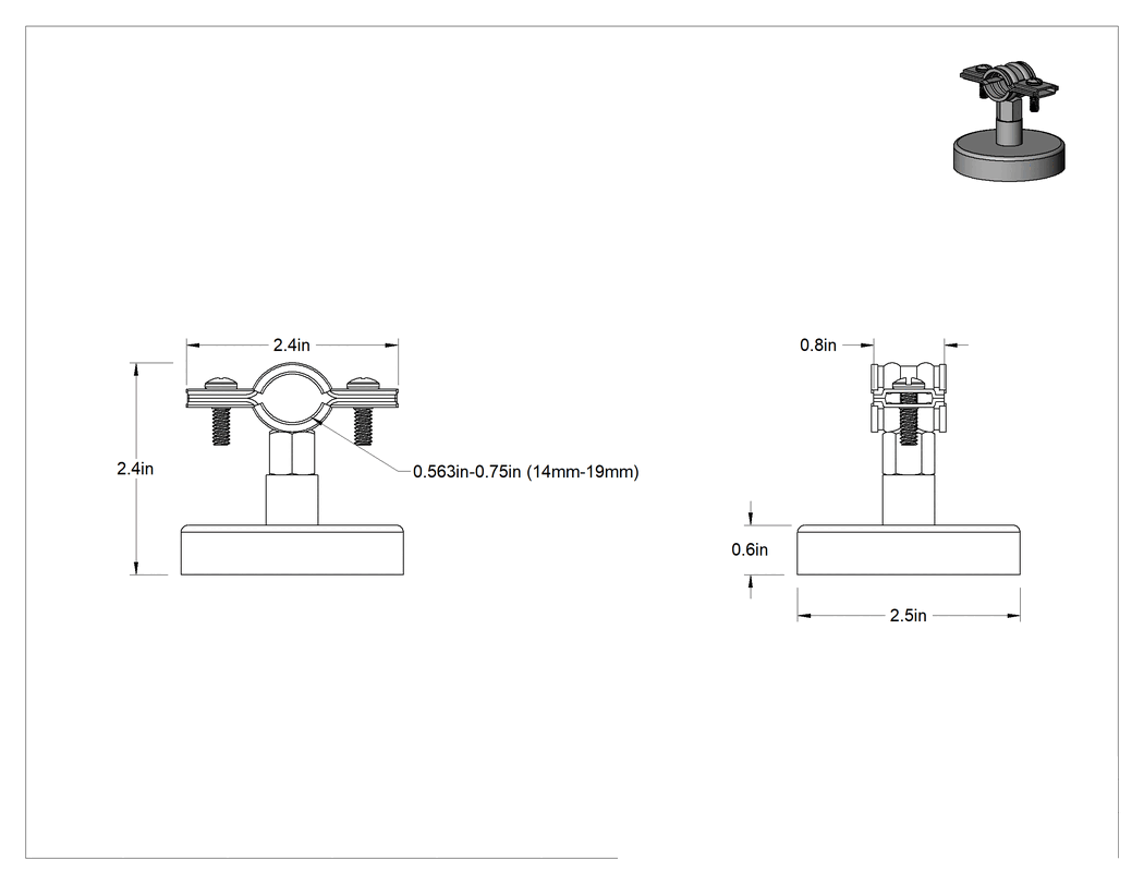 Teknik Çizim - Manyetik Titreşim Sönümleyici Freze Kelepçesi, Düz, 9/16" ila 3/4" İç Çap, 2-3/8" Yükseklik