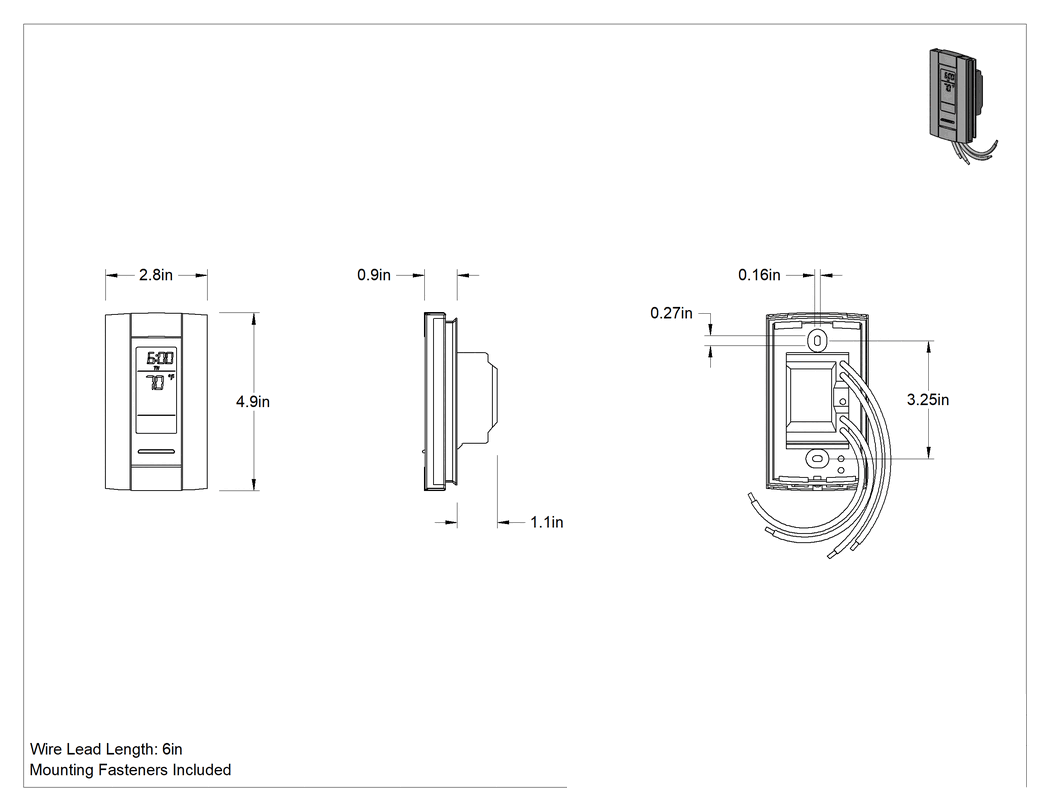 Teknik Çizim - Programlanabilir Hat Gerilimi Termostatı, 120V AC, 16A