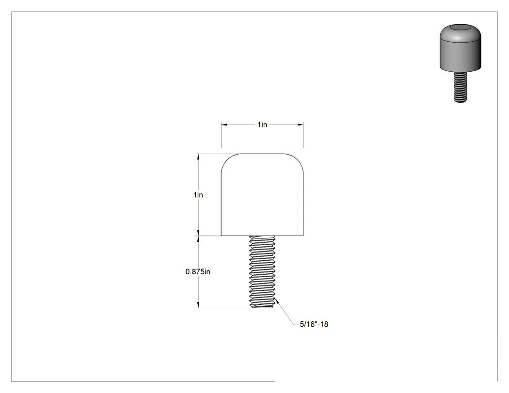 Teknik Çizim - Dişli Saplama Tamponu, Poliüretan, 5/16"-18 Diş, 1" Dış Çap, 1" Yükseklik, Durometre 40A