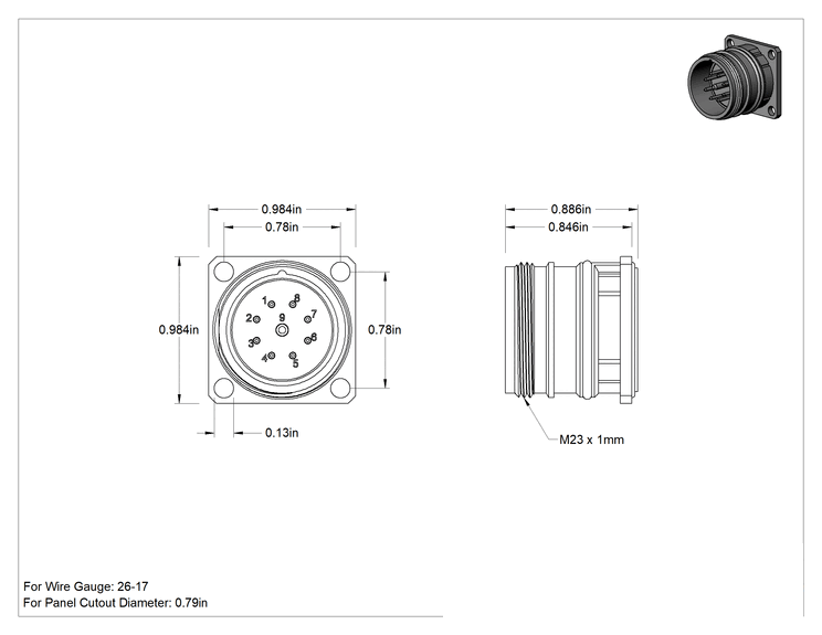Teknik Çizim - Servomotor M23 Sinyal Konektörü, Montaj Delikli Priz, 9 Saat Yönünün Tersine Kutuplar