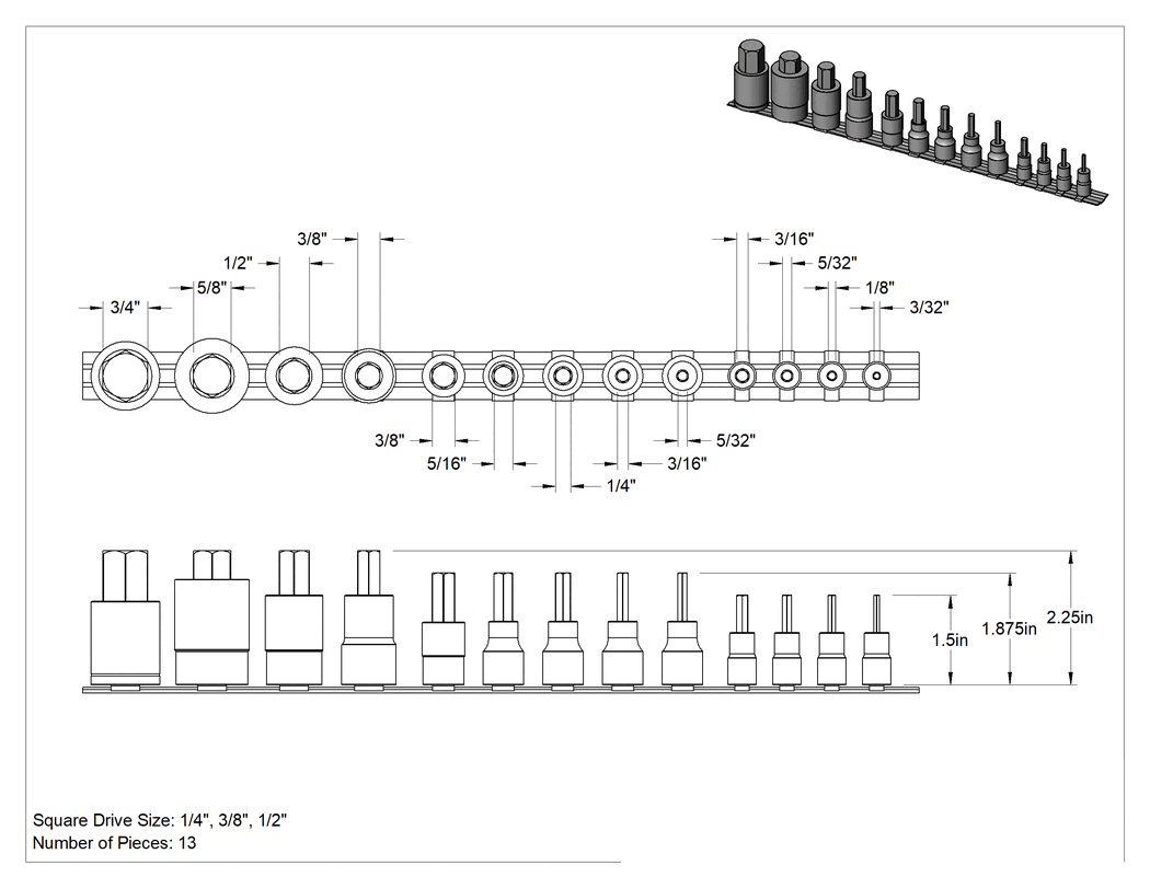 Teknik Çizim - Altıgen Uçlu Soket Seti, 1/4", 3/8" ve 1/2" Kare Tırnak, 13 Parça