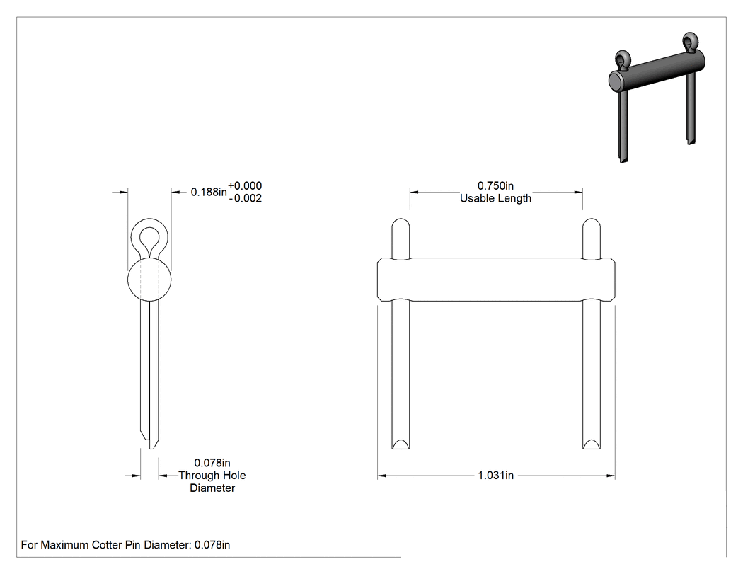 Teknik Çizim - Başsız Çatal Pim, 3/16" Çap, 3/4" Kullanılabilir Uzunluk