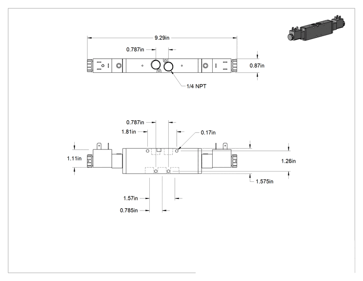 Teknik Çizim - Elektrikli Hava Yön Kontrol Vanası, Egzoz Kapatmalı, İki Eylemli, 1/4 NPT, 24V DC