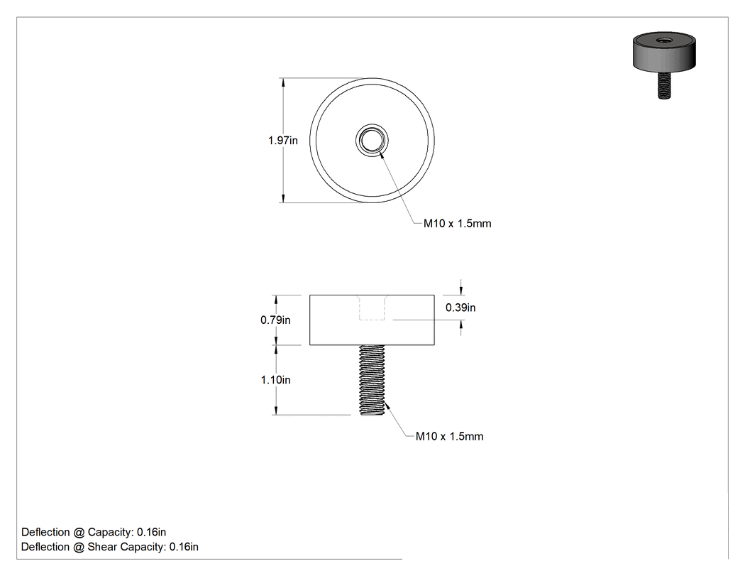 Teknik Çizim - Doğal Kauçuk Titreşim Sönümleyici Sandviç Montaj, M10 x 1.5 mm 304 Paslanmaz Çelik Saplama ve Ek Parça, 385 lbs. Kapasite