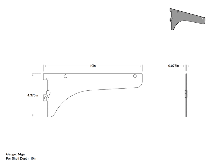 Teknik Çizim - Paslanmaz Çelik Raf Braketi, 10" Derinlikli Raf için