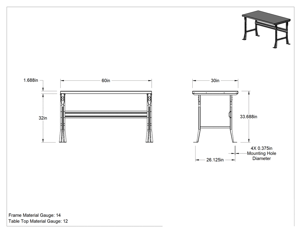 Teknik Çizim - Tezgah, 60" Genişlik x 30" Derinlik Toplam, Çelik Üst Üzerine Kompozit Ahşap