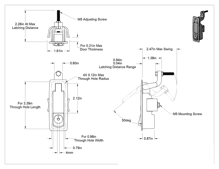 Teknik Çizim - Kürek Saplı Altıgen Tahrikli Kolu Kam Kilidi, 5/16" maksimum kalınlık için, 1/16"-5/16" Kilitleme Mesafesi