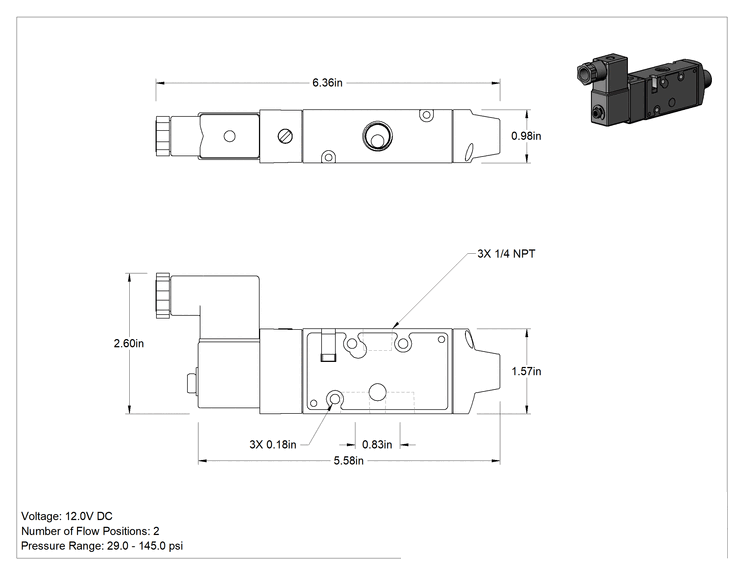 Teknik Çizim - Hava Yön Kontrol Vanası, Elektrikli, Tek Solenoid, 1/4 NPT, 1.3 Cv, 12V DC