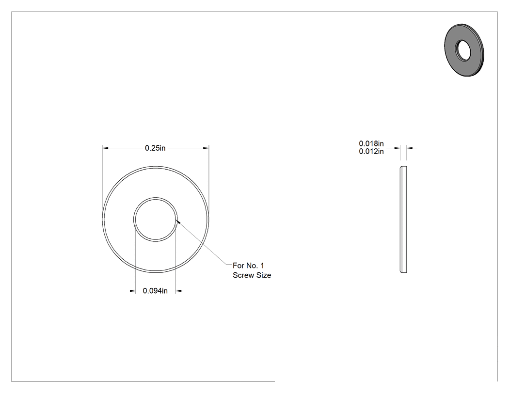 Teknik Çizim - Fiberglas Pul, 1 Numaralı Vida Boyutu için, 0.094" İç Çap, 0.250" Dış Çap