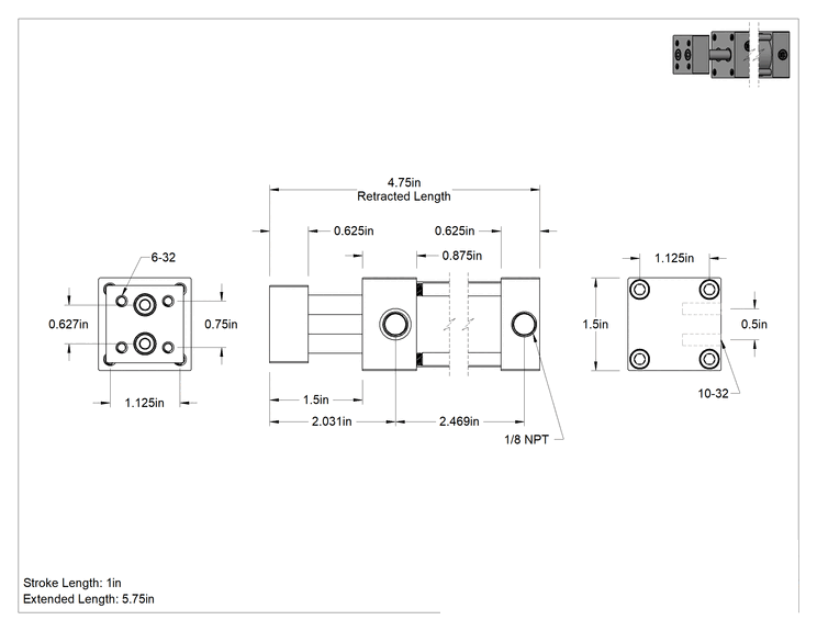 Teknik Çizim - Dönmeyen NFPA Bağlantı Çubuğu Hava Silindiri, Çift Etkili, 1-1/8" Delik Boyutu, 1-1/2" Genişlik, 1" Strok Uzunluğu