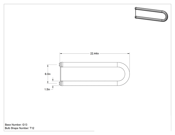Teknik Çizim - U Şeklinde Tüp Ampul, T12, Floresan, 40W, 6500K