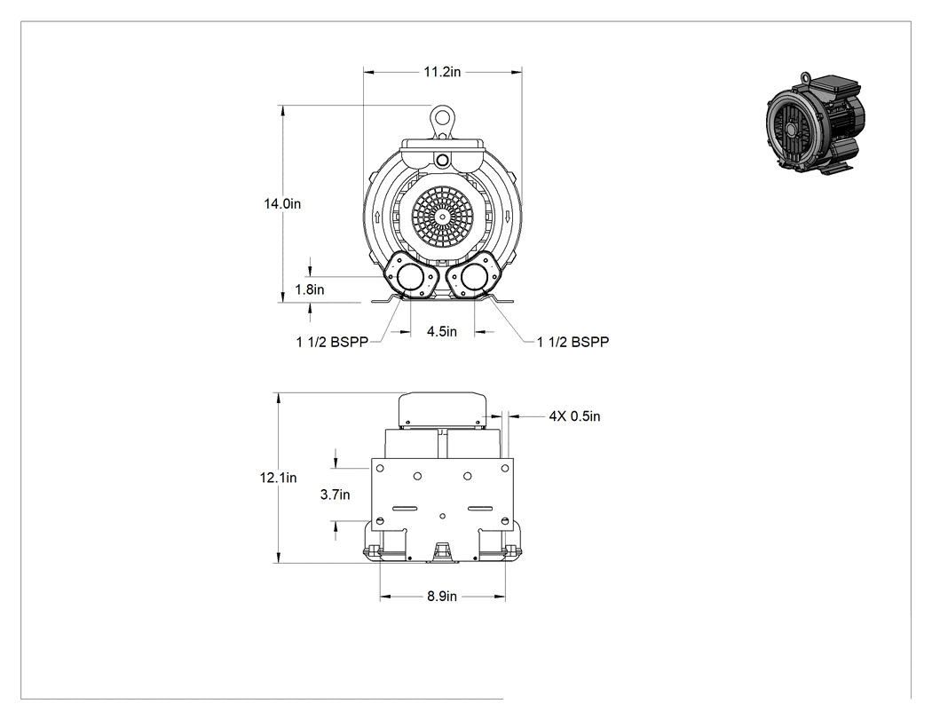 Teknik Çizim - Yüksek Akışlı Düşük Basınçlı Sıkıştırılmış Hava Üfleyici, Tek Kademeli, Tek Faz, 102 CFM @ 0 PSI