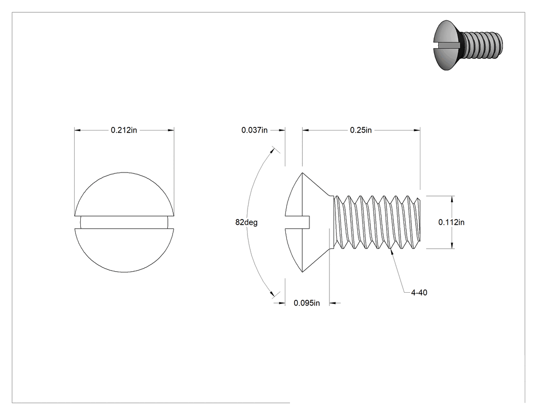 Teknik Çizim - 18-8 Paslanmaz Çelik Yivli Oval Başlı Vidalar, 4-40 Diş Boyutu, 1/4" Uzunluk