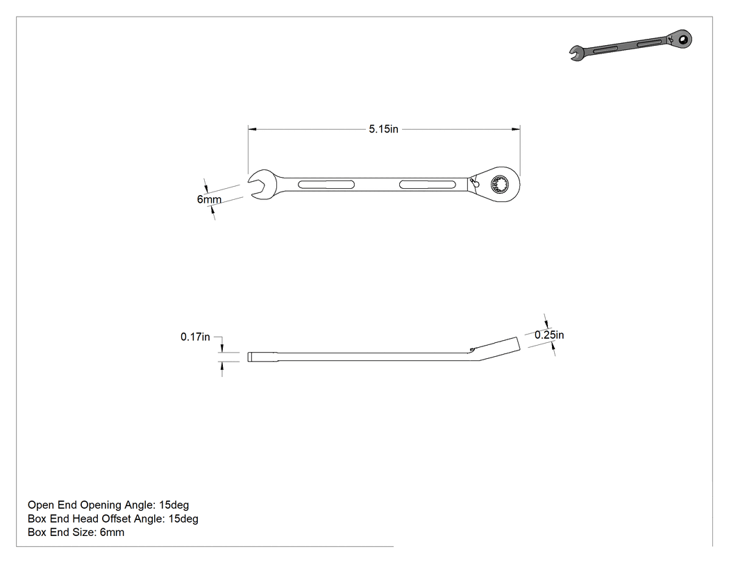 Teknik Çizim - Spline Cırcırlı Kombinasyon Anahtarı, 6 mm Boyut, 5-5/32" Uzunluk