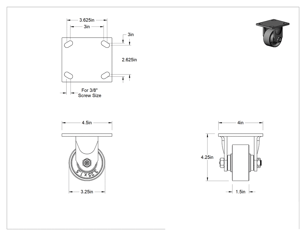 Teknik Çizim - 4-1/2" x 4" Montaj Plakalı Samson Tekerlek, 3-1/4" Çapında Metal Tekerlekli Sert