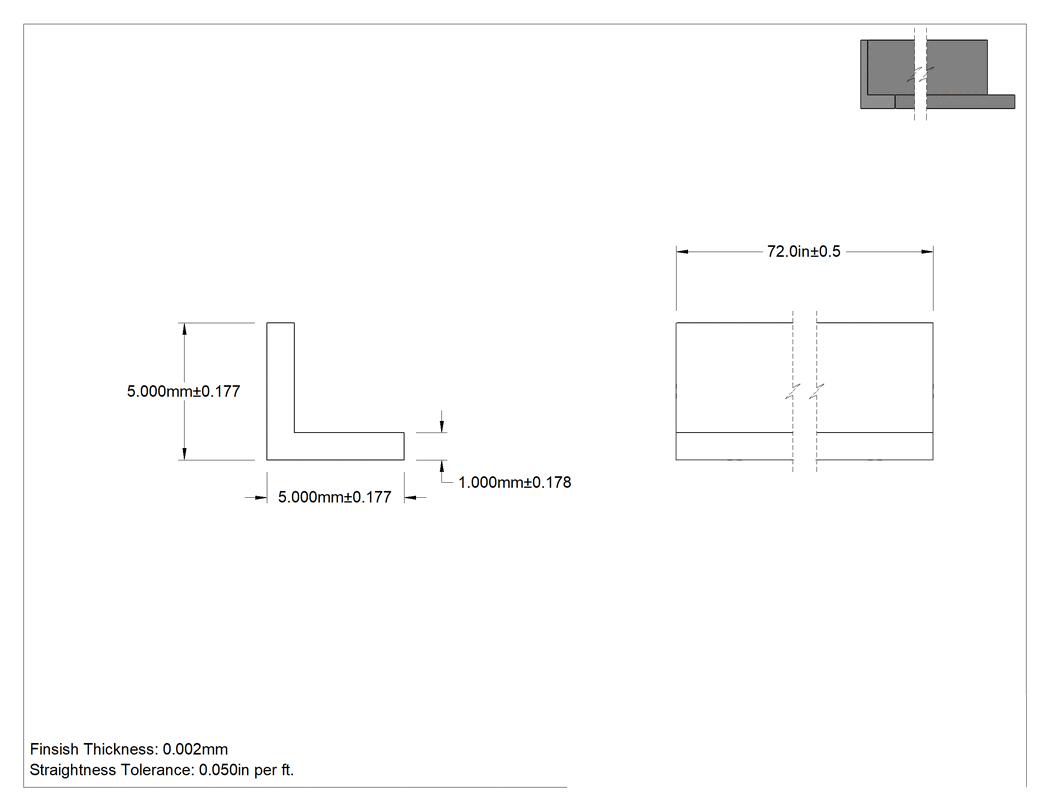 Teknik Çizim - Eloksallı Mimari 6063 Alüminyum 90 Derece Açı, 1 mm Duvar Kalınlığı, 5 mm Yükseklik x 5 mm Dış Genişlik, 6 Fit Uzunluk
