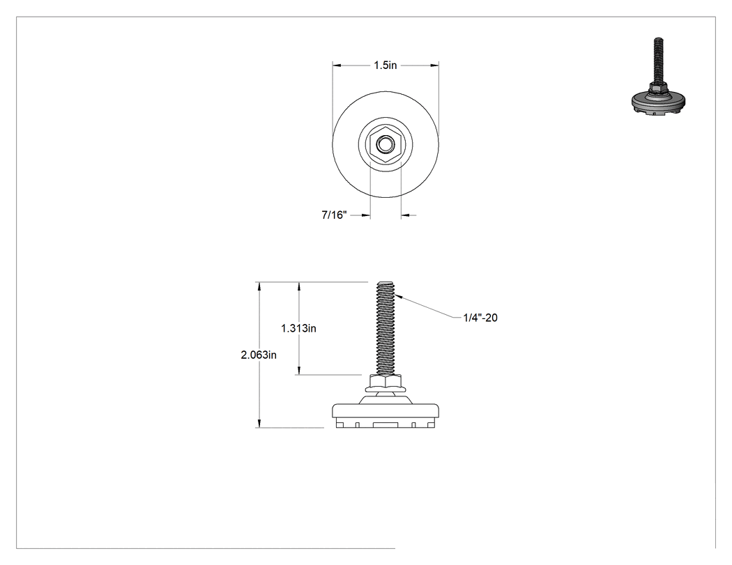 Teknik Çizim - Titreşim Sönümleyici Sert Seviyeleme Montaj Parçası, 1/4"-20 Dişli Saplama, 75 lbs. Kapasite