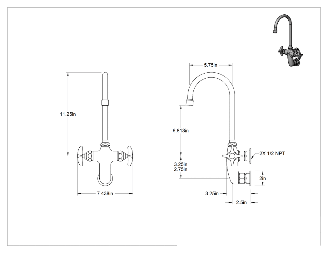 Teknik Çizim - Ekstra Açıklıklı Çift Girişli Lavabo Bataryaları, Ekstra Boşluklu, Döner Musluk ve 2.2 gpm Akış Hızı