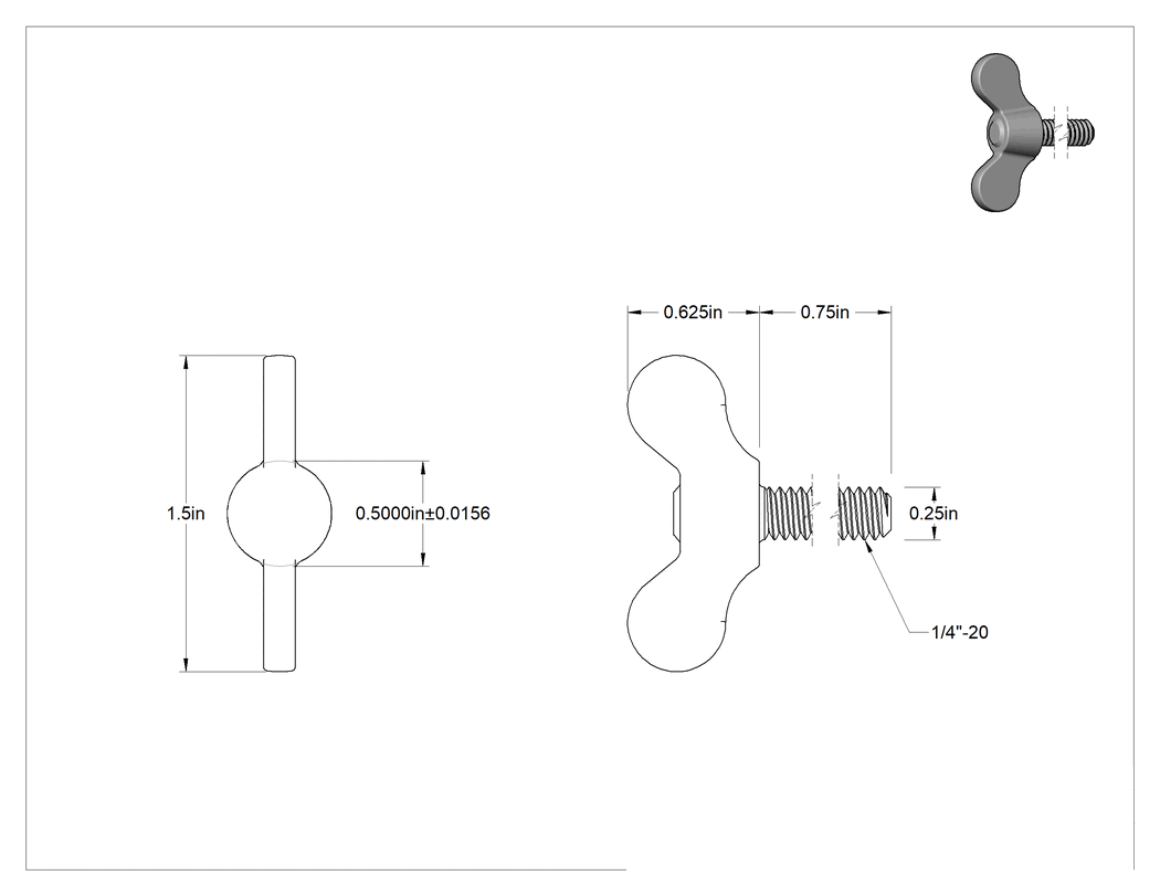 Teknik Çizim - Paslanmaz Çelik Kanat Başlı El Vidası, 1/4"-20 Diş Boyutu, 3/4" Uzunluk