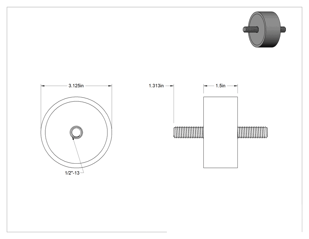 Teknik Çizim - Titreşim Sönümleyici Sandviç Montaj, 1/2"-13 Çelik Saplamalı Doğal Kauçuk, 665 lbs. Kapasite