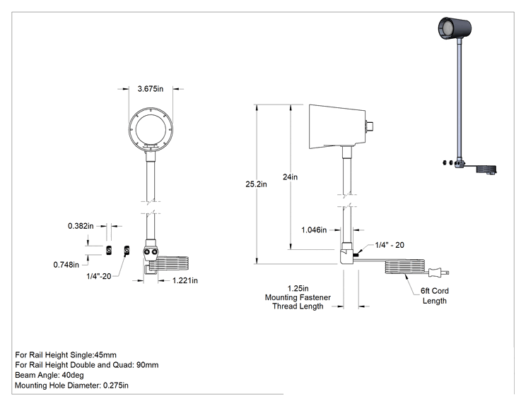 Teknik Çizim - T-Yivli Çerçeve, 45 mm Yüksekliğinde Ray için 5 W Her Yöne Dönülebilen Işık