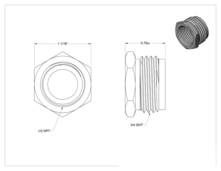Teknik Çizim - Pirinç Bahçe Hortumu Bağlantı Parçası, Burç Adaptörü, 3/4 GHT Erkek x 1/2 NPT Dişi