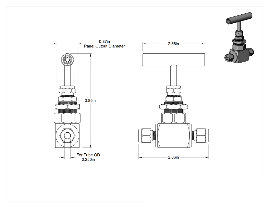Teknik Çizim - Kimyasallar için Hassas Akış Ayar Valfi, 1/4" Dış Çaplı Boru için Yor-Lok Bağlantı Parçaları