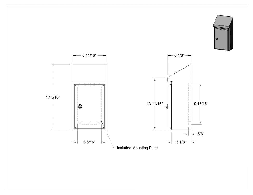 Teknik Çizim - Hijyenik Muhafaza, Menteşeli Kapak, 17" Yüksekliğinde x 8-1/2" Genişliğinde