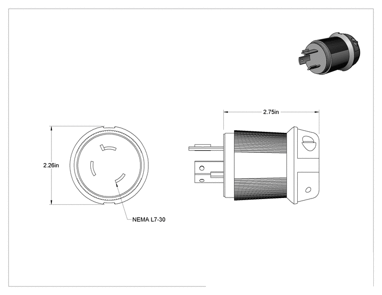Teknik Çizim - Premium Dönme Kilitli Konektör, Üç bıçaklı fiş, Topraklanmış, NEMA L7-30